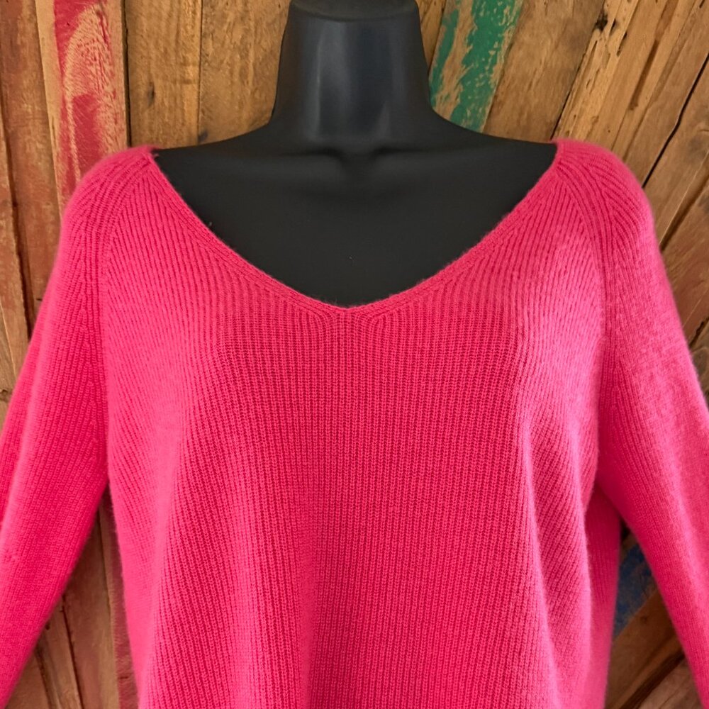 Sundance hot pink side slits rib knit v-neck 100% cashmere sweater Sz S - Picture 5 of 10
